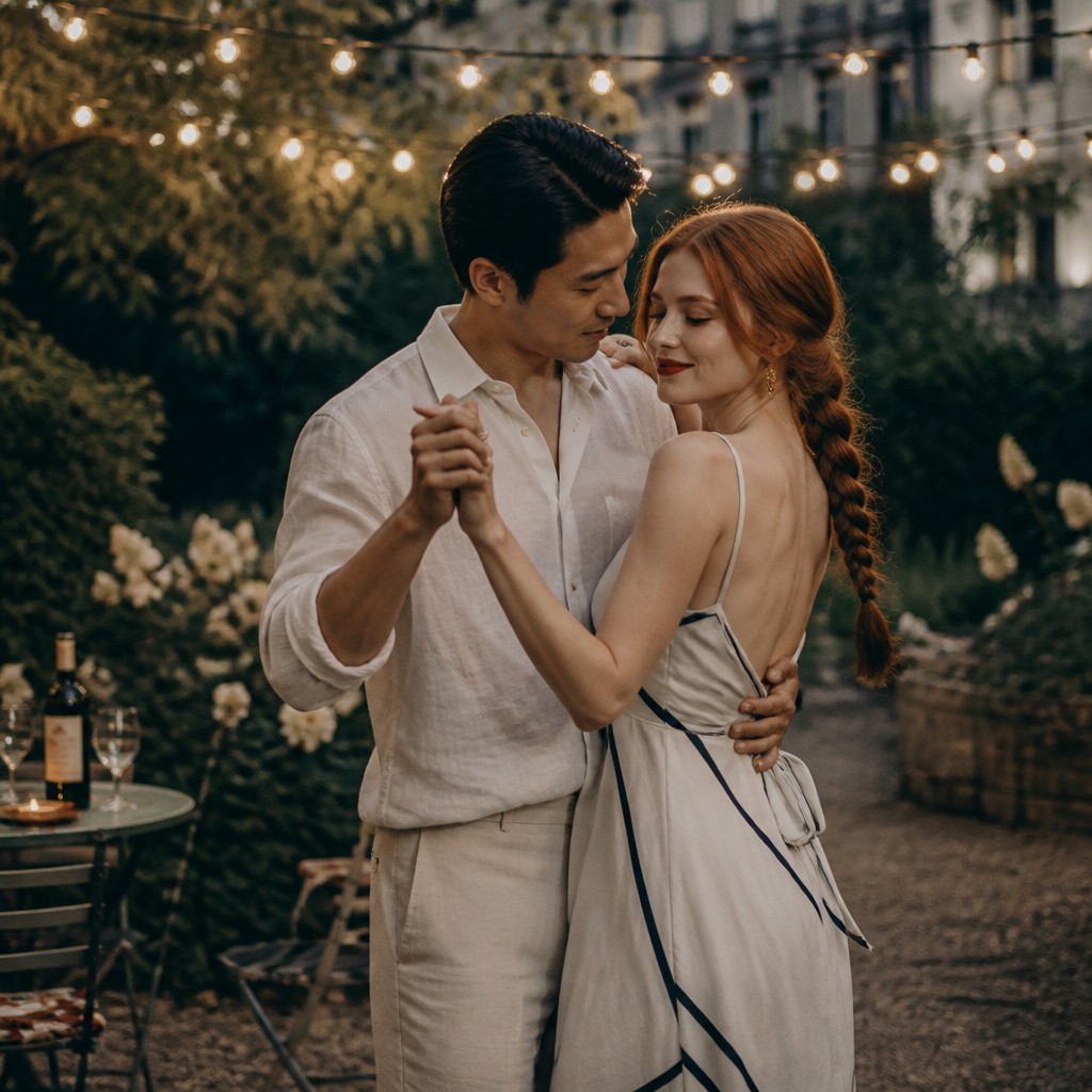 an original couple dancing under string lights in a garden at dusk: a man with short black hair in a linen shirt and a woman with braided red hair in a summer dress