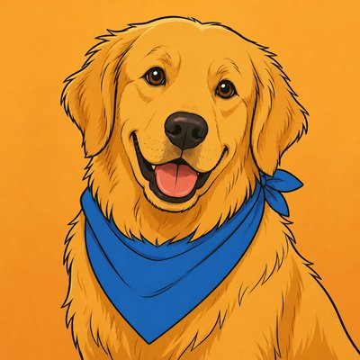 portrait of a golden retriever wearing a blue bandana, warm plain backdrop, no text