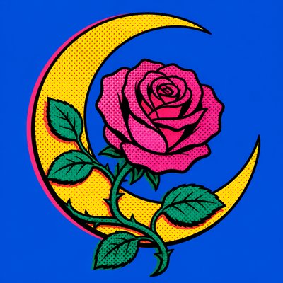 a rose entwined with a crescent moon, clean balanced composition on a plain background, no text