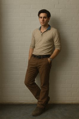 a man standing in front of a white brick wall