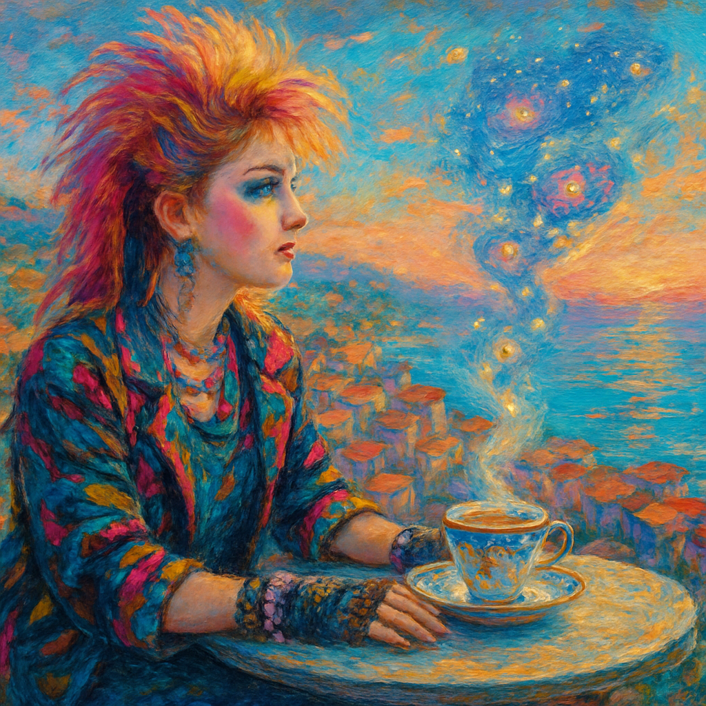 A young woman with timeless 1980s glamour, Cyndi Lauper-like look, sits at a small outdoor café table on a cliff overlooking a picturesque seaside town. She gazes over the town below as the sun rises, casting radiant hues of pink, orange, and teal across the rooftops and narrow streets. She has luminous pastel makeup, bright expressive eyes, and a stylishly teased hairstyle with vivid color streaks. Her outfit is eclectic and bold: layered accessories, a patterned jacket with neon accents, fingerless gloves, and whimsical jewelry sparkling in the morning light. On the table beside her rests a delicate porcelain coffee cup of fine Italian china, painted with intricate cobalt blue, gold, and crimson designs. From the cup, steam rises, transforming into miniature planets, glowing constellations, and swirling galaxies that drift upward like vapor into the sky above. The atmosphere is cinematic, luminous, filled with radiant tones, crisp clarity, and classic beauty, with no dark overlay.