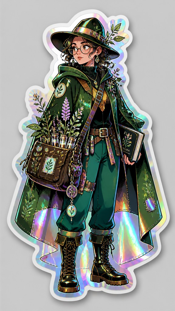 full-body original character: a wandering botanist with a satchel of plants, a patched green cloak, tall boots and round glasses, neutral background