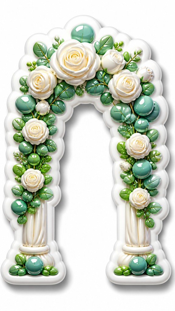an arch of white roses and eucalyptus in soft morning light, elegant vertical composition with open space, no text