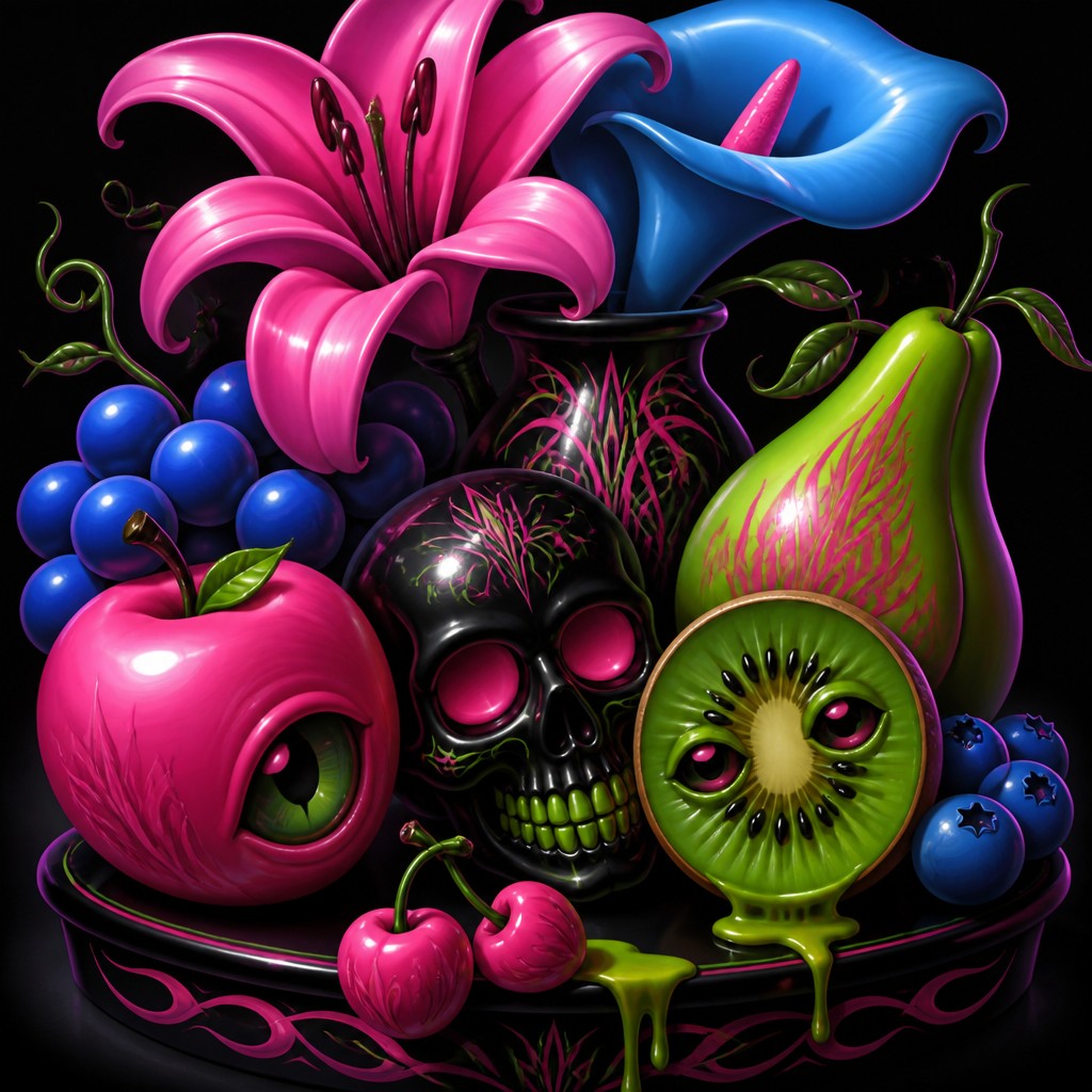 still life arrangement of fruits and flowers