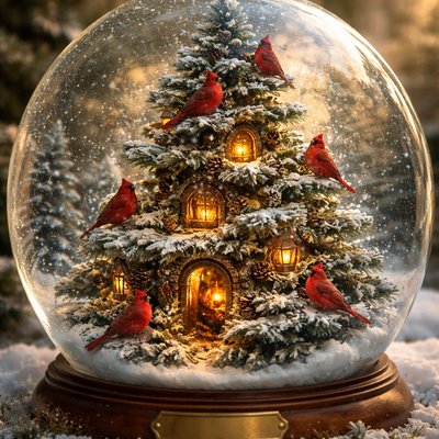 A Christmas tree home for a large family of cardinals in a snowglobe., eye-level view, medium perspective, serene mood, forest green color palette, golden hour lighting, photorealistic style, rule of-thirds composition, high quality, masterpiece, best quality, ultra detailed, sharp focus, highly detailed
