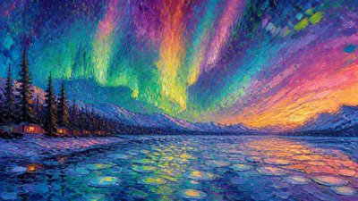 a sweeping aurora over a frozen lake, no people