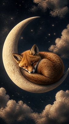 a sleeping baby fox curled on a crescent moon among soft stars, gentle and warm, no text