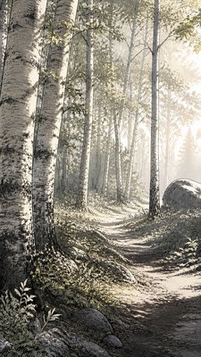 a serene birch forest in soft morning light, no people, no text