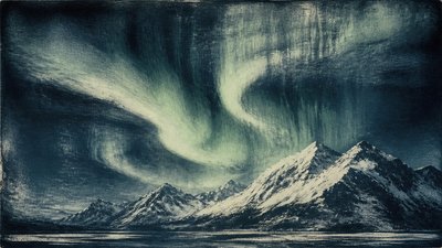 a flowing aurora over snowy peaks, wide sweeping composition, no people, no text