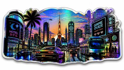 bustling city street panorama at dusk