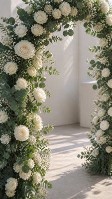 an arch of white roses and eucalyptus in soft morning light, elegant vertical composition with open space, no text