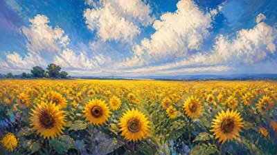 an endless field of sunflowers under summer clouds, no people