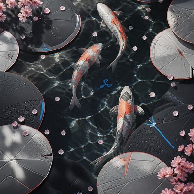 A koi pond seen from above, orange and white koi fish swimming among lily pads, clear water with subtle ripples, fallen cherry blossom petals floating on the surface, dappled sunlight