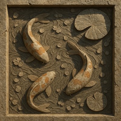 A koi pond seen from above, orange and white koi fish swimming among lily pads, clear water with subtle ripples, fallen cherry blossom petals floating on the surface, dappled sunlight