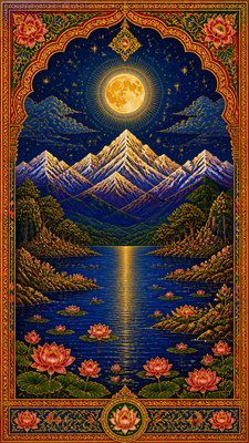 a tranquil mountain lake beneath a starry night sky, no people, no text