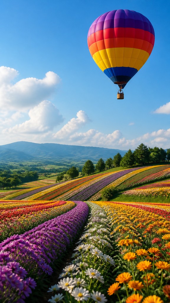 a hot air balloon drifting over rolling flower fields on a sunny day, cheerful, no text