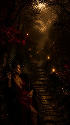 a mysterious forest path with fireflies and drifting mist, atmospheric vertical composition with open space at the top, no text