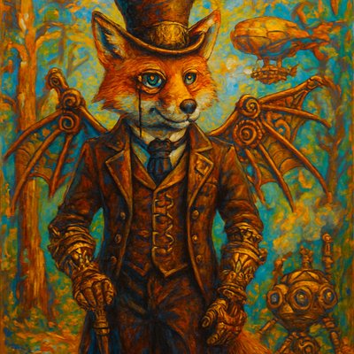 anthropomorphic coyote in a tailored Victorian suit, wearing a brass-trimmed top hat and monocle, steampunk style, intricate mechanical accessories, standing in a forest with copper pipes and gear-laced trees, full body portrait, Vibrant Colors, heavy oil paint impasto, in the style of Peter Max with Mary Blair aspects.