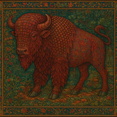 a painting of a buffalo standing in a field
