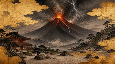 an erupting volcano with lightning strikes, dramatic wide composition, no text