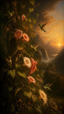 a climbing vine of flowers and hummingbirds on a dark background, tall wrapping composition, no text