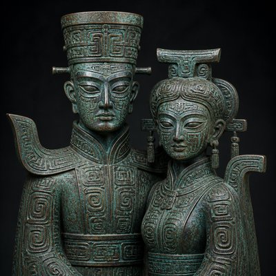 portrait of two people together — Ancient Chinese Bronze Art Style