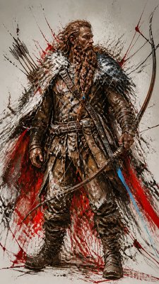 full-body original character: a dwarven ranger with a braided auburn beard, worn leather armor, a longbow and a wolf-pelt cloak, neutral background, no text