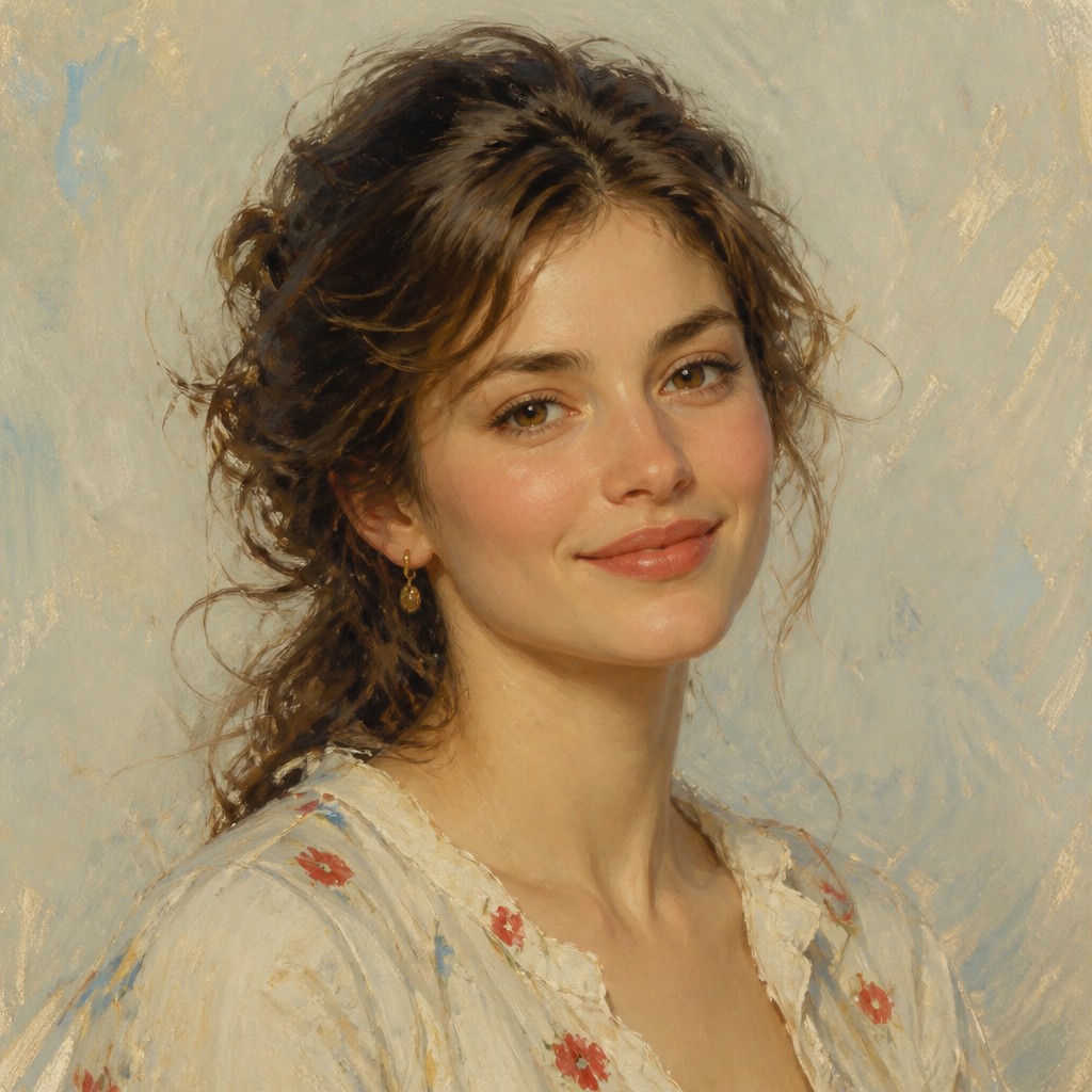 head-and-shoulders portrait of an original character: a young woman with wavy chestnut hair and a warm smile, plain soft backdrop