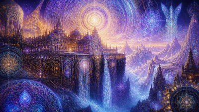a cliffside city with waterfalls cascading into a misty canyon, wide establishing shot, no people, no text