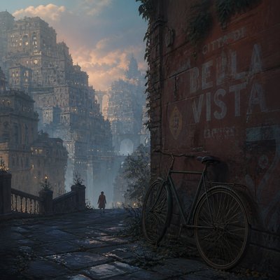 bicyle resting against a wall — Concept Art Style