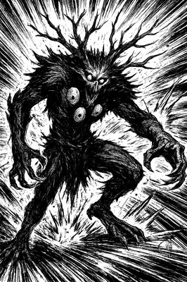 a black and white drawing of a demon