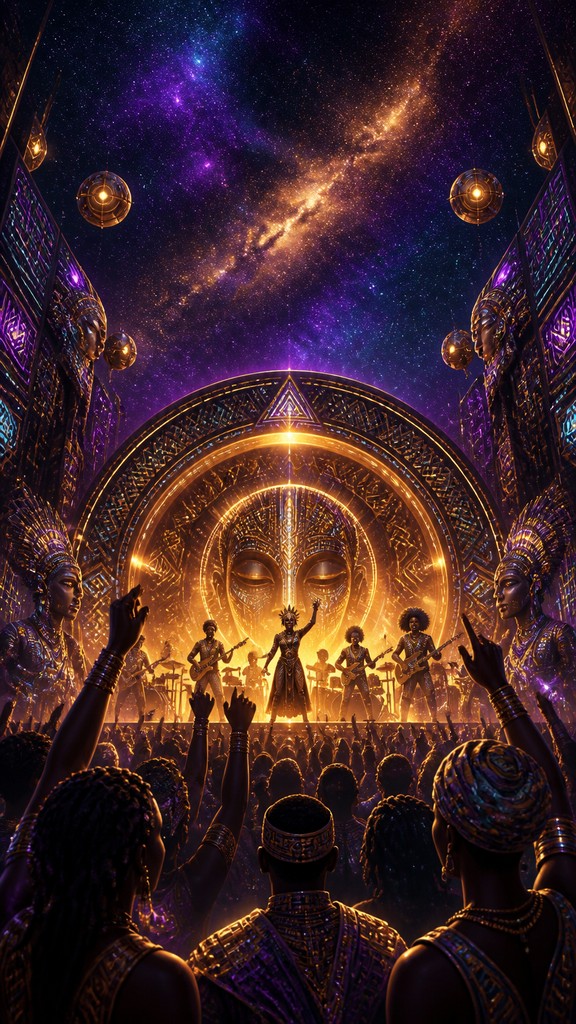 a live music scene with a glowing stage and silhouetted crowd, energetic vertical composition with open space at the top, no text