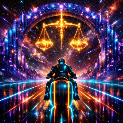 Neon-Futurism Digital Art Style, Bioluminescent Sci-Fi Cosmic Setting, Symmetrical Composition. A dynamic shot from directly behind a lone rider speeding into the deep cosmos.

The Rider & Bike Direction: A futuristic, hubless "light-cycle" sportbike (with glowing cyan and orange wheel rings and chassis lighting) is speeding away from the camera. The rider, wearing a matching full-coverage glowing armored suit and helmet, is seated correctly facing forward, leaning into the speed.

The Action (Entering the Gateway): The motorcycle and rider are just entering beneath a monumental cosmic archway that spans the entire glowing blue laser-grid highway.

The Libra Arch structure: The massive archway is constructed of towering, glowing violet and deep blue digital circuitry and crystallized stardust. Hanging majestically from the center of the archway's lintel, directly above the rider's path, is a gigantic set of balanced Cosmic Scales, composed of radiant golden energy and concentrated star clusters.

Atmosphere: The neon trails of the bike reflect on the glossy grid road surface. The background is infinite space filled with geometric stars.