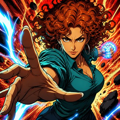 portrait of an original character: a middle-aged woman with curly auburn hair, hazel eyes, silver hoop earrings and a teal blouse
