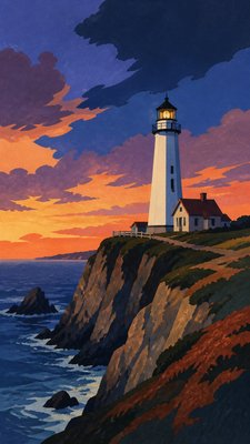 a lone lighthouse on a cliff at dusk under a dramatic sky, no text or lettering