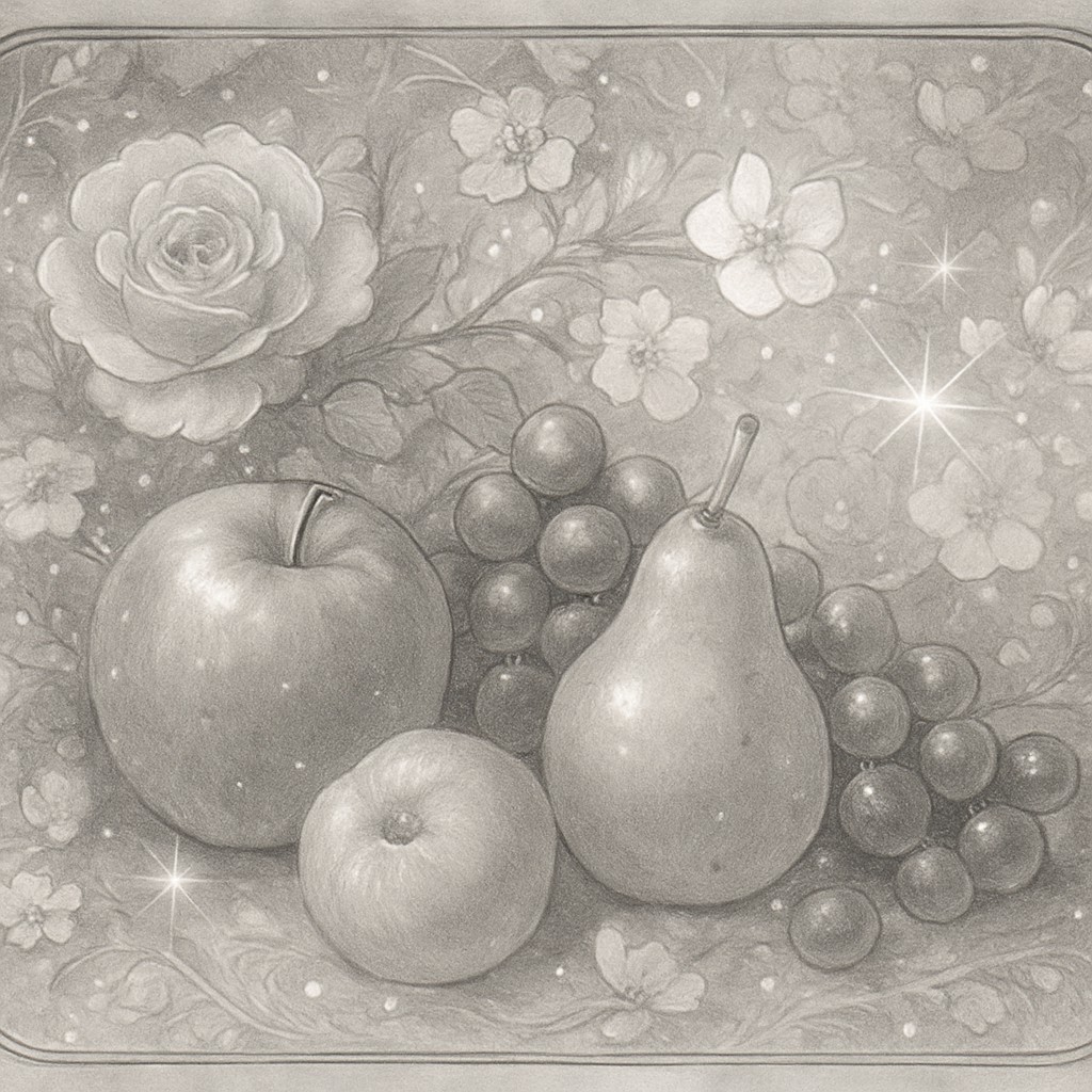 still life arrangement of fruits and flowers
