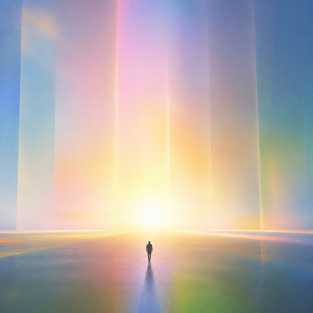 a solitary figure walking toward a glowing horizon across an empty plain, moody atmosphere, no text or lettering