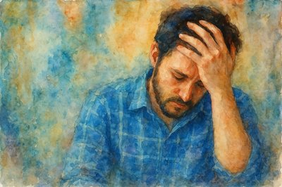 a painting of a man holding his head