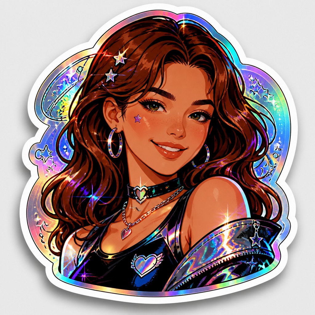 head-and-shoulders portrait of an original character: a young woman with wavy chestnut hair and a warm smile, plain soft backdrop