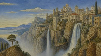a cliffside city with waterfalls cascading into a misty canyon, wide establishing shot, no people, no text