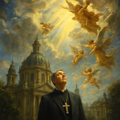 A human pastor wearing a suit with a big cross necklace, standing in front of a beautiful cathedral in a forest city as the sun rises in the distance
