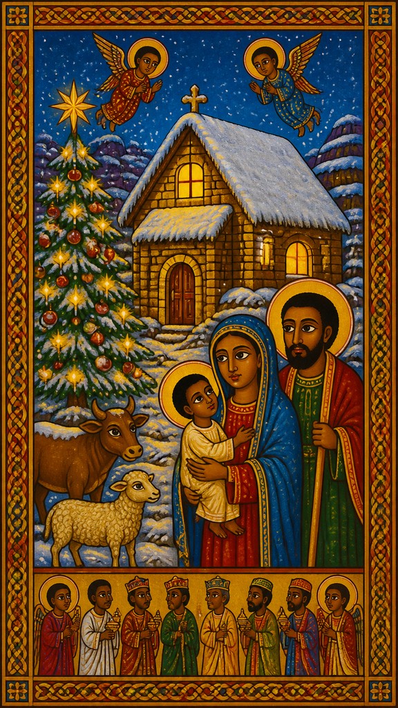 a snow-covered cottage with warm glowing windows beside a decorated pine tree, gentle snowfall, no text