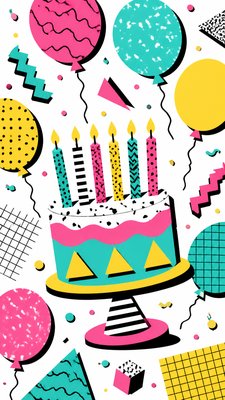 a birthday cake with lit candles surrounded by balloons and confetti, festive vertical composition, no text