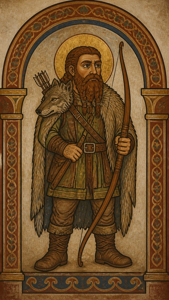 full-body original character: a dwarven ranger with a braided auburn beard, worn leather armor, a longbow and a wolf-pelt cloak, neutral background, no text