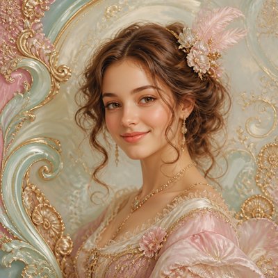 head-and-shoulders portrait of an original character: a young woman with wavy chestnut hair and a warm smile, plain soft backdrop