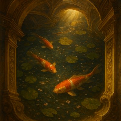 A koi pond seen from above, orange and white koi fish swimming among lily pads, clear water with subtle ripples, fallen cherry blossom petals floating on the surface, dappled sunlight