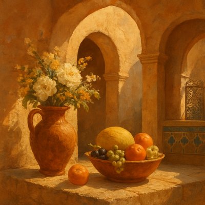 still life arrangement of fruits and flowers