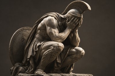 ancient greek warrior crouching in agony with his hands covering his face