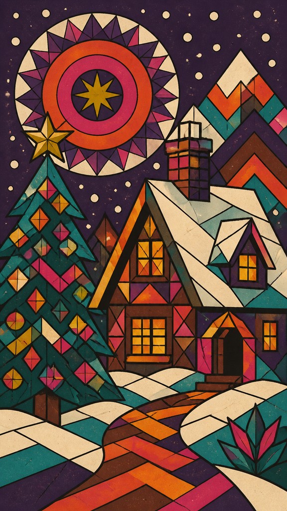 a snow-covered cottage with warm glowing windows beside a decorated pine tree, gentle snowfall, no text