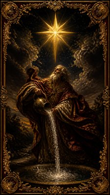 a robed figure pouring water beneath a large eight-pointed star in a night sky, symmetrical composition with an ornate decorative border, no text